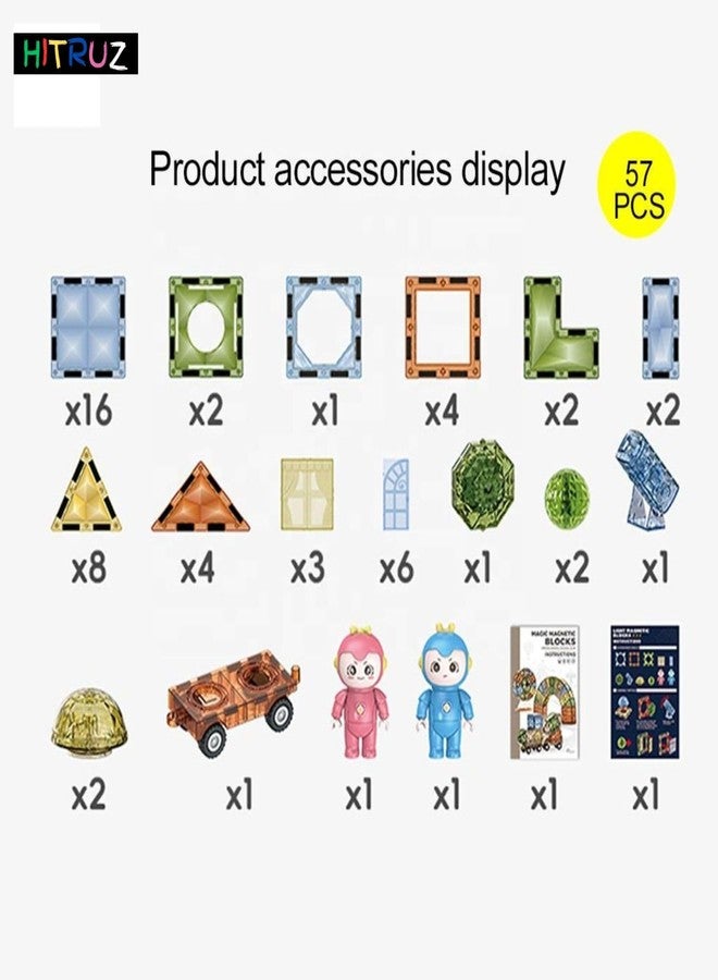 HITRUZ Magnetic Tiles STEM Toys for Kids | Magnetic Building Blocks Set | 3D Puzzle Construction Toy for Toddlers | Montessori Educational Toys for Age 3+ Boys Girls (57 Pcs Light Magnetic Blocks) - Image 5